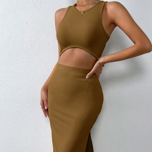 Color-Coffee-Casual Suit Round Neck Sleeveless Top Slit One Step Skirt Two Piece Set Women-Fancey Boutique