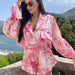 Summer Suit Chinese Printed Bell Sleeve Shirt Top Shorts Ruffled Two Piece Set-Fancey Boutique