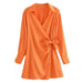 Color-bisque-Autumn Women Satin Stomach Blanket Dress Bow Lace up Short Dress-Fancey Boutique