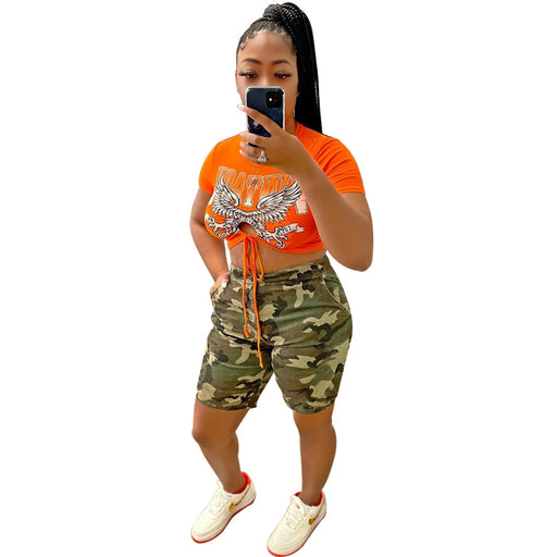 Color-Orange Camouflage-Summer Personalized Casual Sexy Women Hollow Out Cutout Top Camouflage Pants Suit-Fancey Boutique