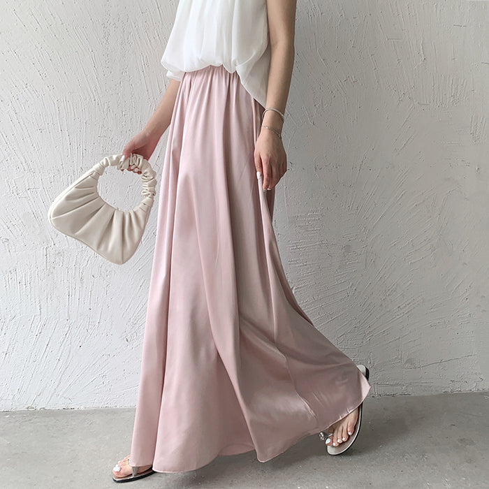 Arrival Summer Skirt Women High Grade Niche Ice Silk Wide Leg Pants Loose Drooping Elastic Waist Large Swing Skirt-Pink-Fancey Boutique