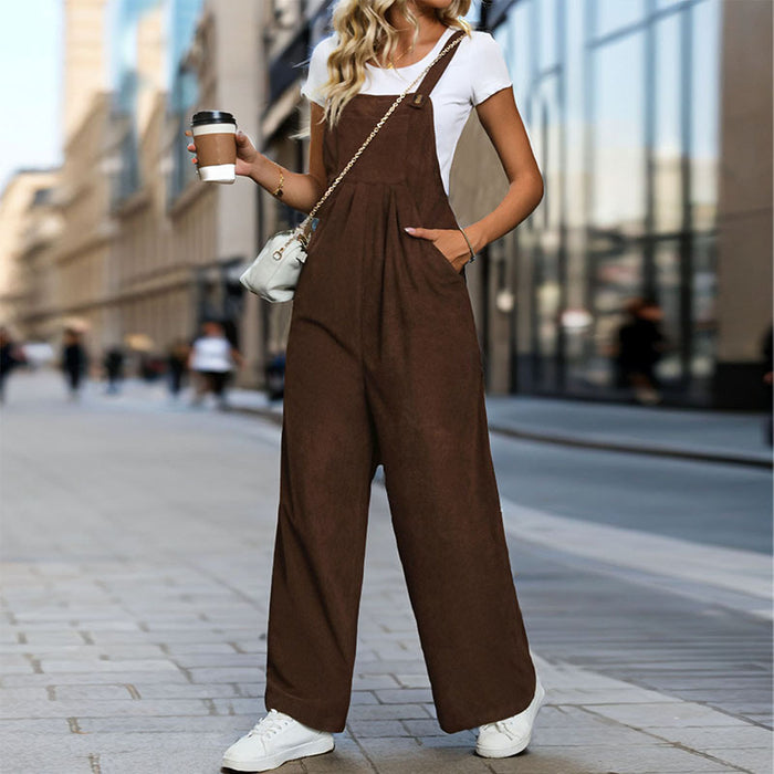 Fall Women Clothing Maillard Solid Color Corduroy Suspender Pants for Women-Fancey Boutique