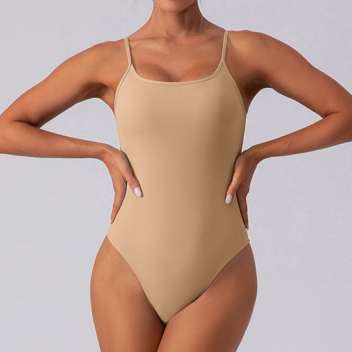 Color-Khaki-Beauty Back Sexy Strap Base Fitness One Piece Nude Feel Corset Slim Triangle Yoga Jumpsuit-Fancey Boutique