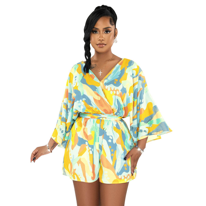 Women Wear V Neck Sexy Backless Print Shorts Jumpsuit-Yellow-Fancey Boutique