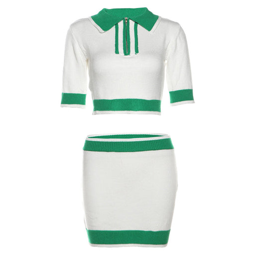 Color-Green-Spring Sexy Cropped Outfit Zipper Polo Collar Short Sleeve Vest Slim Hip Skirt Set for Women-Fancey Boutique