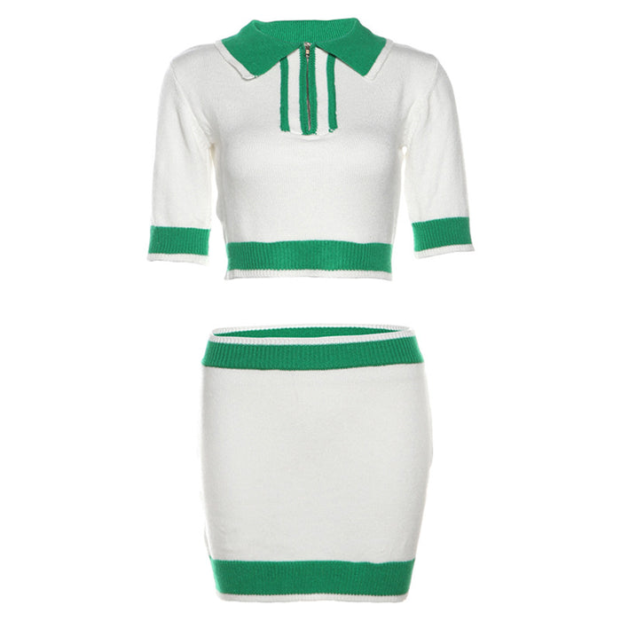 Color-Green-Spring Sexy Cropped Outfit Zipper Polo Collar Short Sleeve Vest Slim Hip Skirt Set for Women-Fancey Boutique