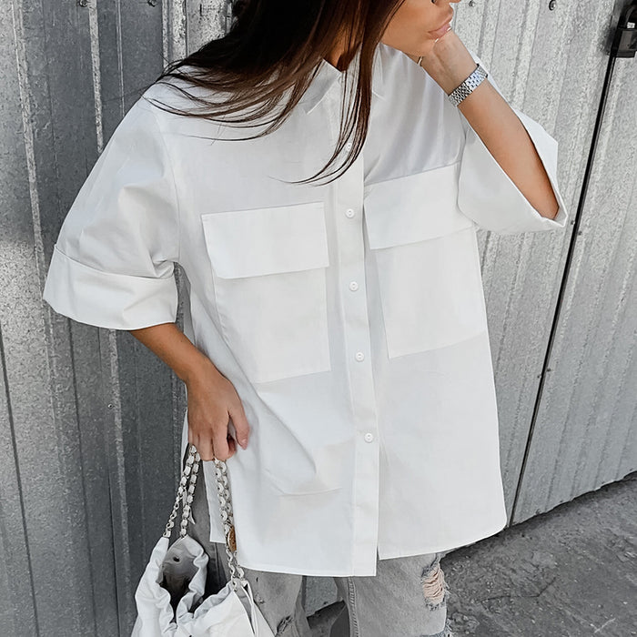 Autumn Classic White Minimalist Pocket Lapels Short Sleeve Loose Casual Slit Shirt All Matching Cotton Shirt-Fancey Boutique