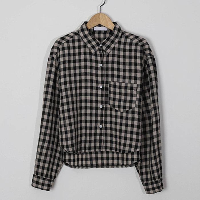 Spring Short Plaid Shirt Niche Retro Linen Cotton Long Sleeved Shirt Can Be Worn Alone Stacked for Fashionable Women-Gray Black-Fancey Boutique