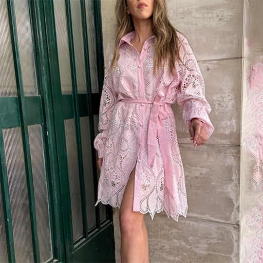 Heavy Industry Embroidery Summer Polo Collar Long Sleeve Lace Up Waist Irregular Asymmetric Dress Women-Fancey Boutique