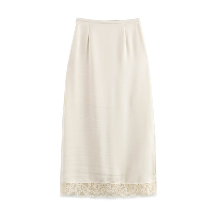 Women Simple Eyelash Lace Stitching Acetate Satin Skirt Straight Skirt-Ivory-Fancey Boutique