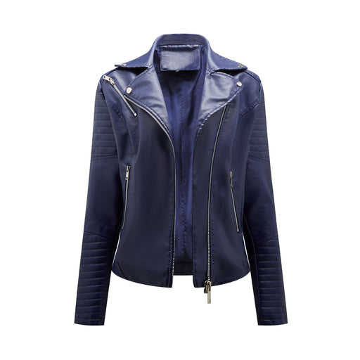 Color-Purplish Blue-Short Spring Autumn Leather Women European Size Slim Collared Motorcycle Clothing Oblique Zipper Jacket Women Coat-Fancey Boutique