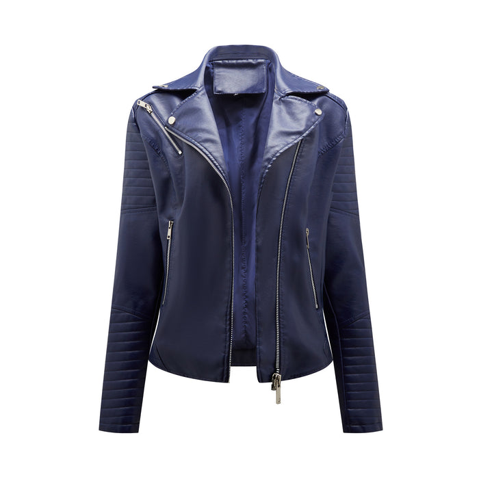 Color-Purplish Blue-Short Spring Autumn Leather Women European Size Slim Collared Motorcycle Clothing Oblique Zipper Jacket Women Coat-Fancey Boutique