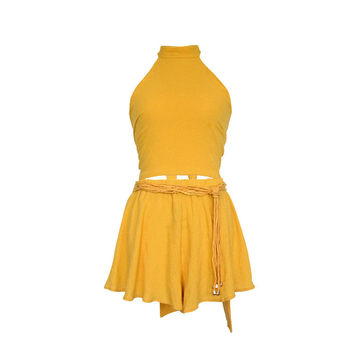 Color-Turmeric-Two Piece Sexy Backless Back Lace up Seaside Vacation Shorts Suit-Fancey Boutique