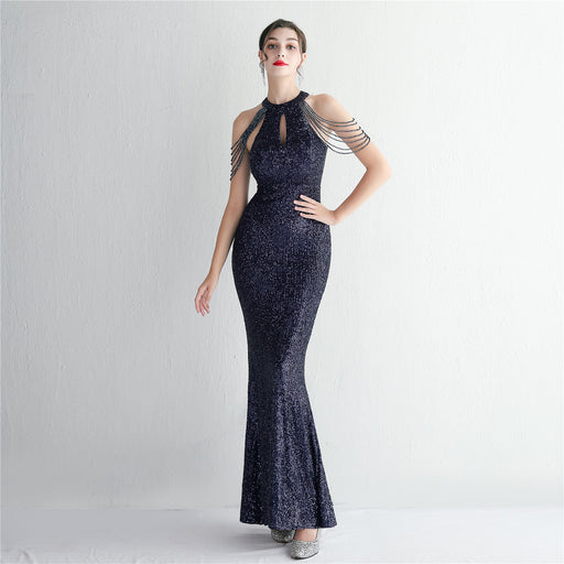 Color-purplish blue-Sequined Craft Beading Cocktail Evening Dress Elegant Long Halter Slim Fit Fishtail-Fancey Boutique