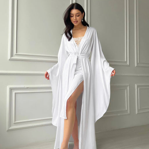 Color-White-Autumn Simple Satin Sexy Cami Dress Two Piece Pajamas Ladies Homewear-Fancey Boutique
