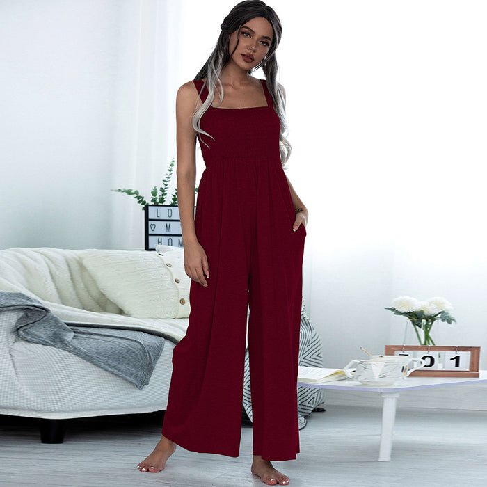 Color-Black Red-Summer Women Clothing Smocking Vest Sling Wide Leg Jumpsuit Women-Fancey Boutique