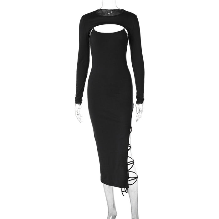 Color-Black-Women Clothing Spring Long Sleeved Shawl Strap Sexy Sleeveless Split Hip Dress Set Women-Fancey Boutique