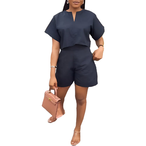 Color-Black-Women Clothing Solid Color Loose Open Collar Short Sleeve Shorts Set-Fancey Boutique