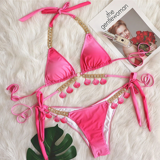Color-Pink-Sexy Bandage Gradient Printing Women Split Swimsuit Luxury Crystal Diamond Bikini Swimsuit-Fancey Boutique