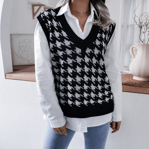 Color-Black-Autumn Winter V-neck Houndstooth Casual Loose Knitted Vest Sweater Waistcoat Women Clothing-Fancey Boutique