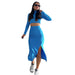 Spring Autumn Solid Color Round Neck Long Sleeve Women Two Piece Suit Split Skirt Set-Skyblue-Fancey Boutique
