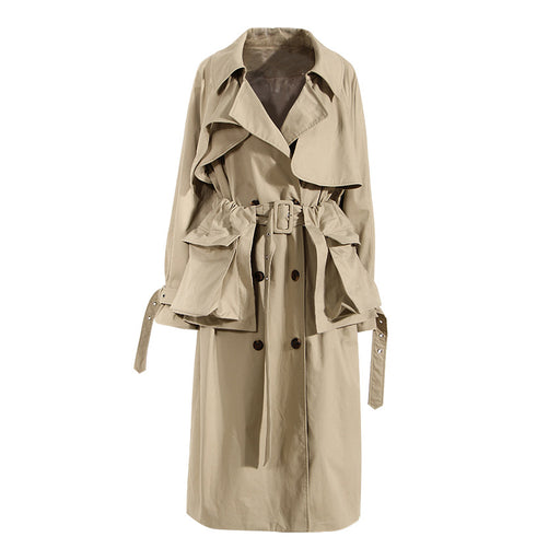 Color-Khaki-Khaki Cotton Trench Coat Women Spring British Long Below The Knee Removable Large Pocket Tie Front Top-Fancey Boutique