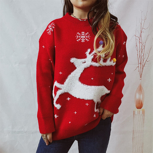 Color-Red-Autumn Winter Deer Snowflake Jacquard Colorful Ball Christmas Sweater Round Neck Knitted Pullover-Fancey Boutique