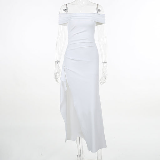 Color-White-Sexy off Shoulder Dress Summer Waist Dress Slit Dress-Fancey Boutique