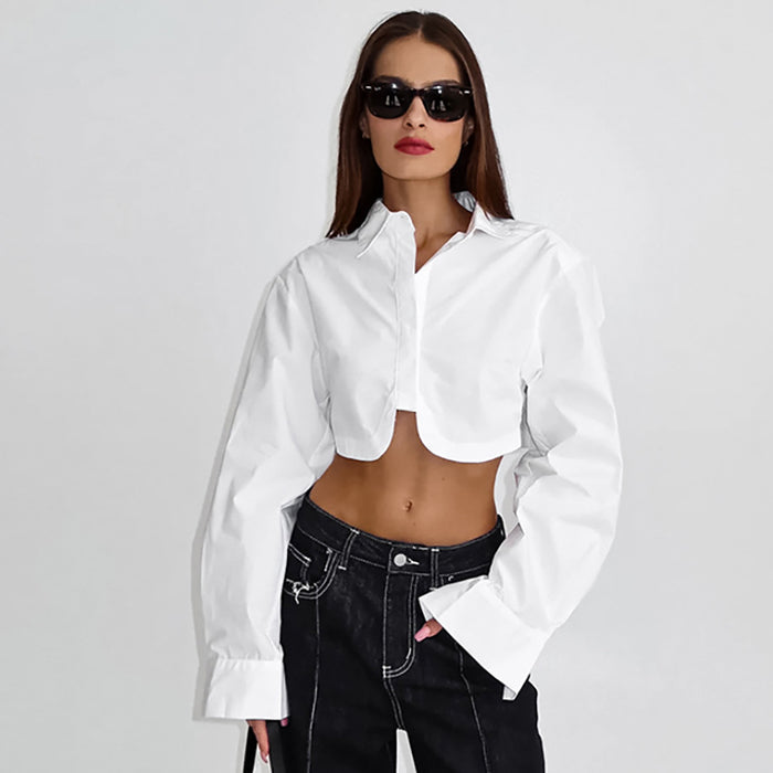 Color-White-White Collared Sexy Bare Cropped Slim Fit Long Sleeve Shirt Autumn Women Clothing Top-Fancey Boutique