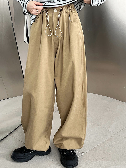 Color-Khaki-Retro Tencel Cotton Drawstring Elastic Waist Loose Cargo Pants Women Wide Leg Pants Casual Trousers-Fancey Boutique