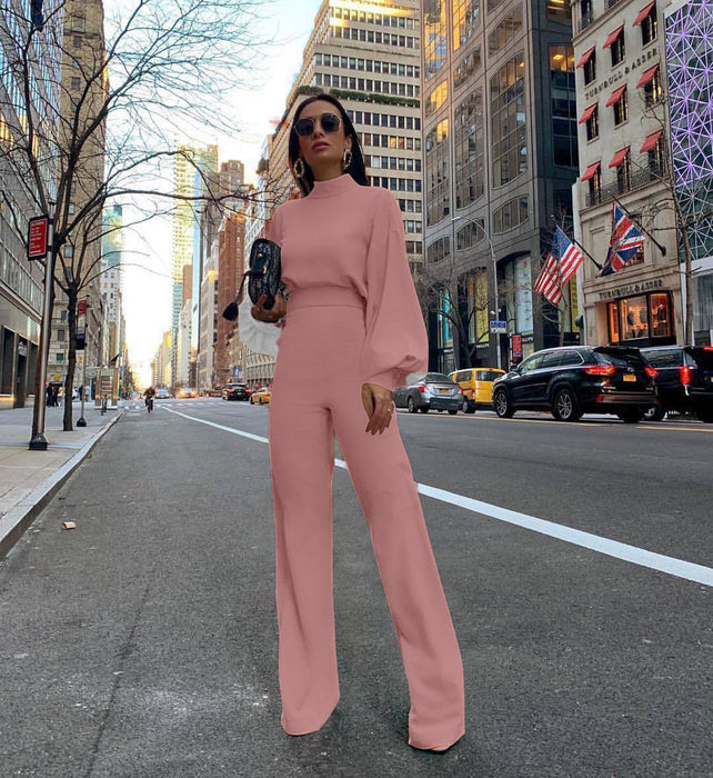 Color-Pink-Half Turtleneck Lantern Sleeve Simple Capable Office Lady Jumpsuit-Fancey Boutique