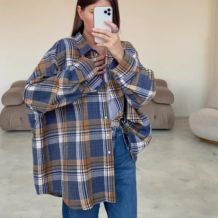 Women Wear Autumn Plaid Long Sleeved Shirt Women Casual All Matching Loose Plaid Shirt-Fancey Boutique