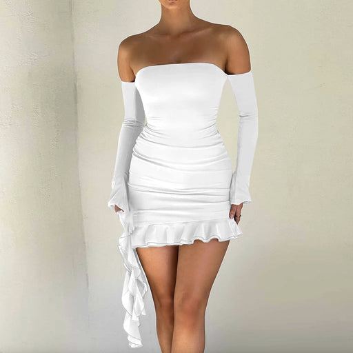 Color-White-Autumn Sexy Tube Top Dress Hip Lotus Leaf Irregular Asymmetric Slim Fit Short Dress-Fancey Boutique