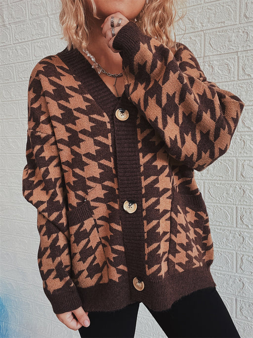 Color-Brown-Sweater Women Loose V neck Houndstooth Contrast Color Single Breasted Pocket Long Sleeve Knitted Cardigan-Fancey Boutique