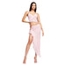 Color-Pink-Summer Women Sexy Mesh Halter Spaghetti Straps Cropped Top Split Skirt Sexy Two Piece Set-Fancey Boutique