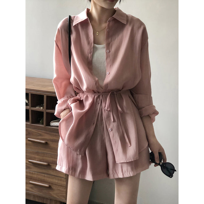 Draping Breathable Sun Protection Shirt Suit Women Summer Loose Thin Shirt Wide Leg Shorts Women-Pink-Fancey Boutique