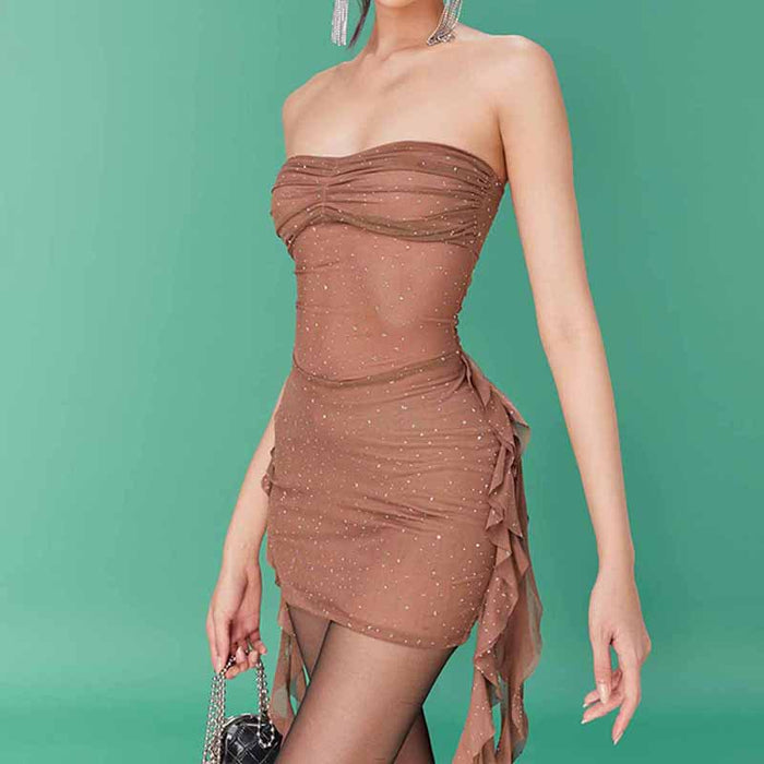 Autumn Sexy Starry Rhinestone Tube Top Ribbon Mesh See through Dress Women-Fancey Boutique