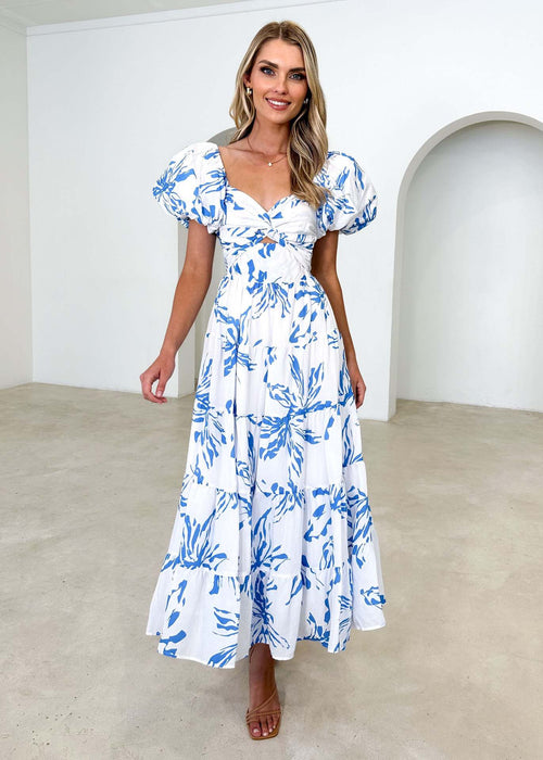 Color-Blue and White Printing-Spring Women Fashionable Elegant Puff Sleeve V neck Hollow Out Cutout out Printed Dress for Women-Fancey Boutique