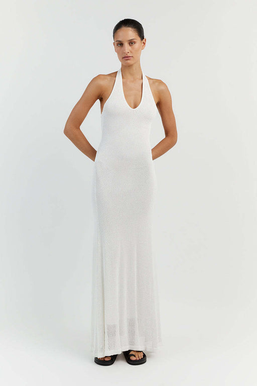 Color-White-Mesh Beach Lining Halter Holiday Sexy Dress Knitted Hollow Out Cutout Out Maxi Dress Summer Women-Fancey Boutique