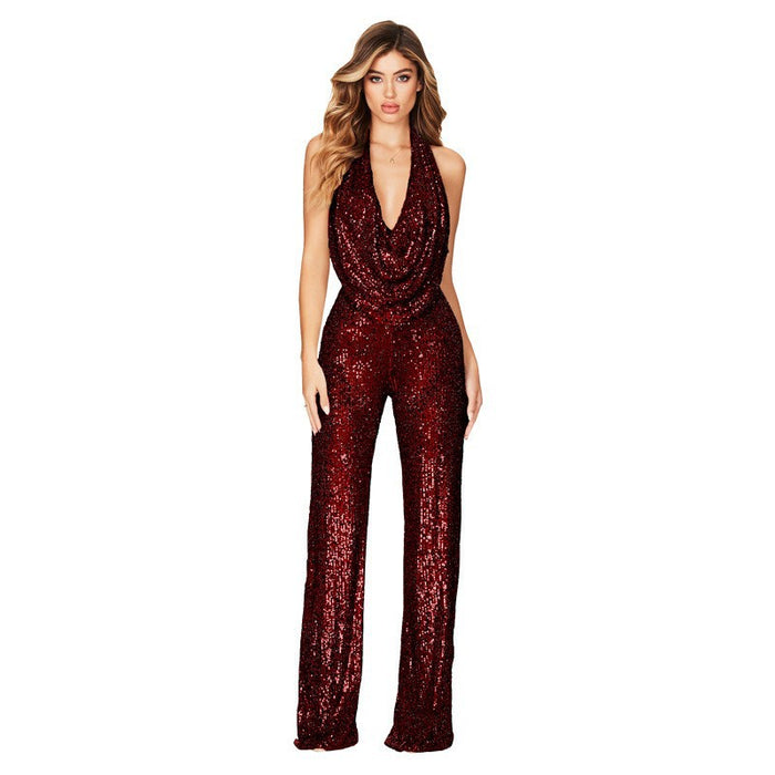 Color-Burgundy-Summer Jumpsuit Women Sleeveless Halter Sequined Jumpsuit Women-Fancey Boutique