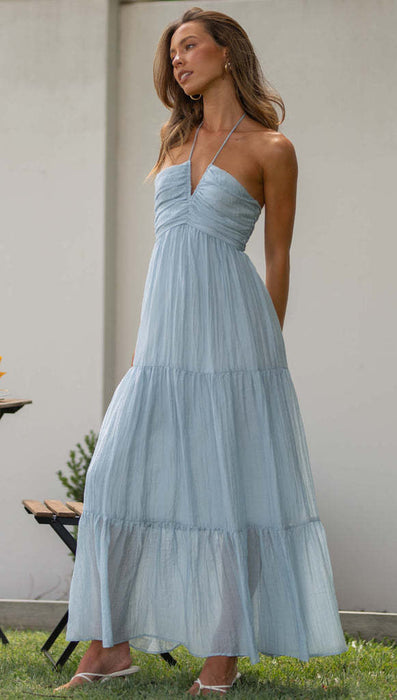 Color-Blue-Women V neck Brace Long Stitching Dress Elegant Shoulder Baring Sleeveless-Fancey Boutique