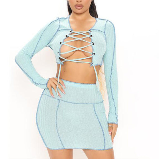 Color-Azure-Casual Suit Sexy Sexy Women Clothing Tied Slim Fit T Shirt Hip Skirt Stitching-Fancey Boutique