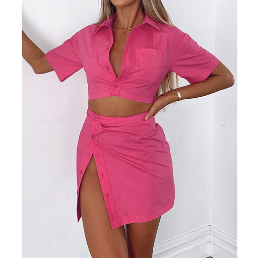 Color-Coral Red-Spring Summer Two Piece Set Sexy Collared High Waist Short Sleeve Shirt Outfit-Fancey Boutique