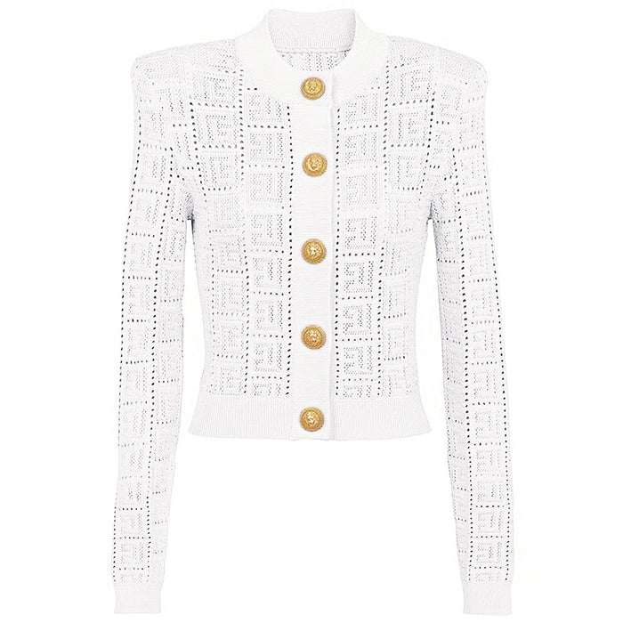 Color-White Coat-Long Sleeve Short round Neck Hollow Out Cutout out Knitwear Dress Vest Shorts Women-Fancey Boutique