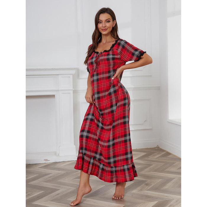 Color-Red-Nightdress Women Short Sleeved Red Plaid Home Pajamas Women-Fancey Boutique