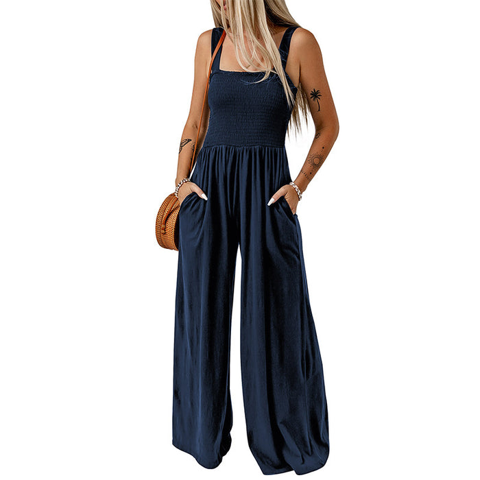 Color-Blue-High Waist Jumpsuit Women Summer Sleeveless of the Shoulder Knitted Wide Leg Trousers Jumpsuit-Fancey Boutique