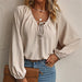 Raglan Sleeve Front Chest Lace up Small V neck Casual Comfortable Loose Long Sleeve Tops Shirt-Fancey Boutique