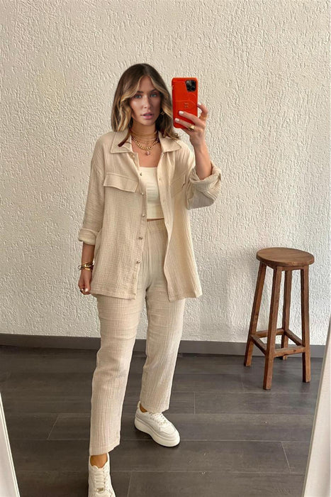 Color-Apricot-Women Crepe Loose Collared Long Sleeves Shirt Straight Leg Pants Casual Suit Women-Fancey Boutique