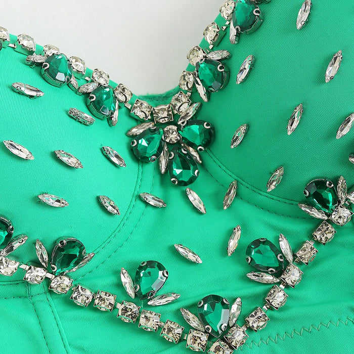 Green Diamond Love Shoulder Camisole Women Heavy Industry Hand Sewing Drill Surface Boning Corset Bra Middle East Green Tube Top-Fancey Boutique