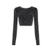 Color-Black-Spring Autumn Pullover Round Collar Gauze Sexy Women Clothing Bead Long Sleeve Slim Fit Short Cropped Top Women-Fancey Boutique